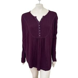 FREE PEOPLE Leo Henley Waffle Knit OVERSIZED Thermal Top in Deep Burgundy SZ M